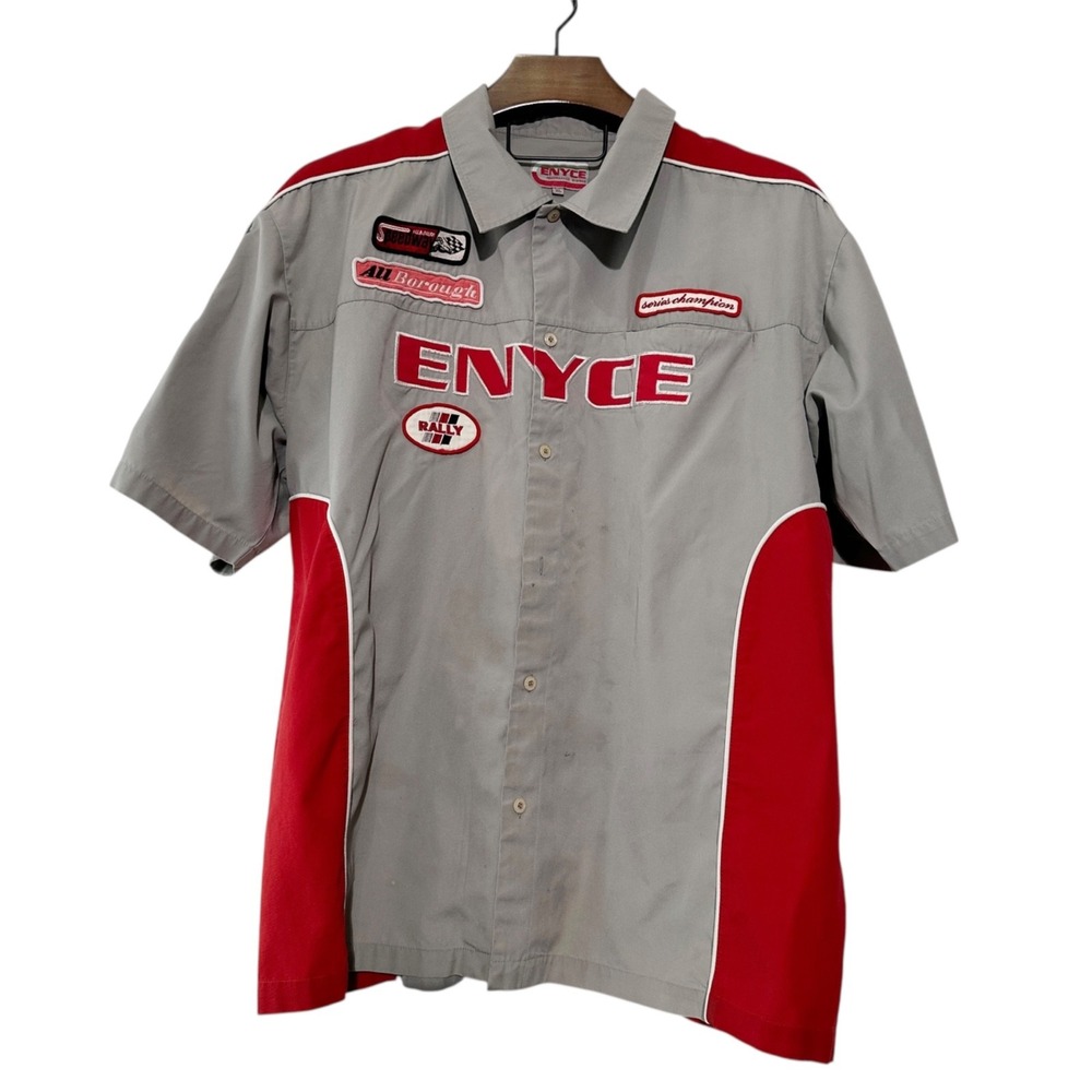 ENYCE Vintage‎ Button Up Shirt Mens Speedway Jersey Red Gray Y2K *STAIN* XL